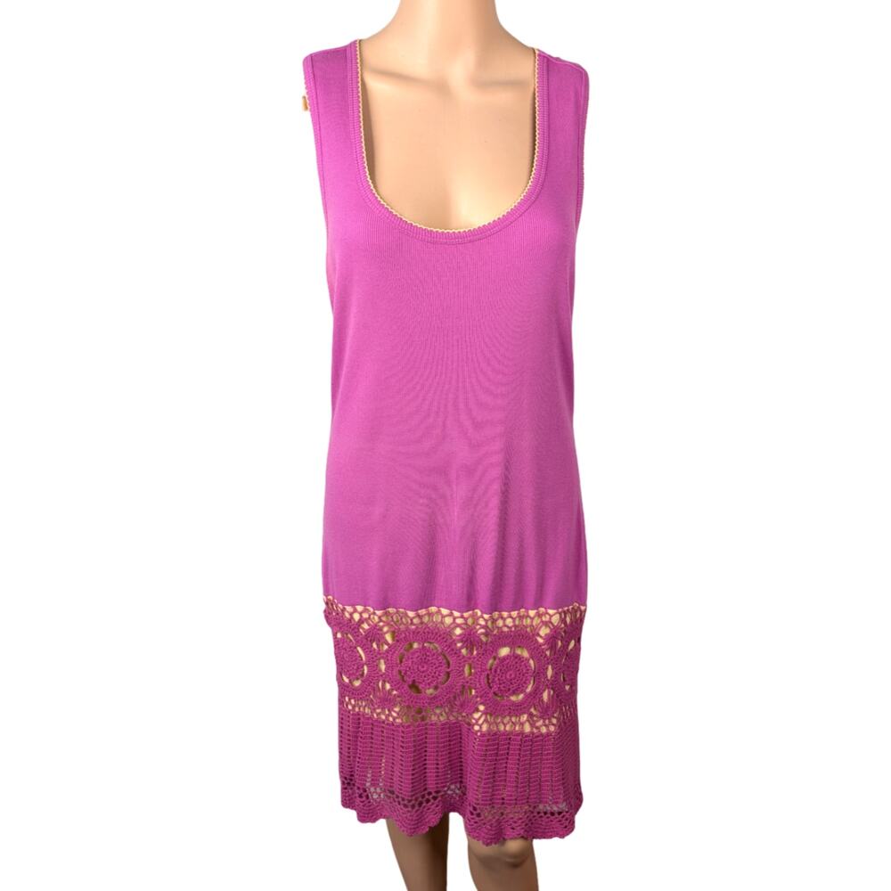 Vintage Y2K Moda International Crochet Knit Dress S Beige Ribbed Cotton Fairy